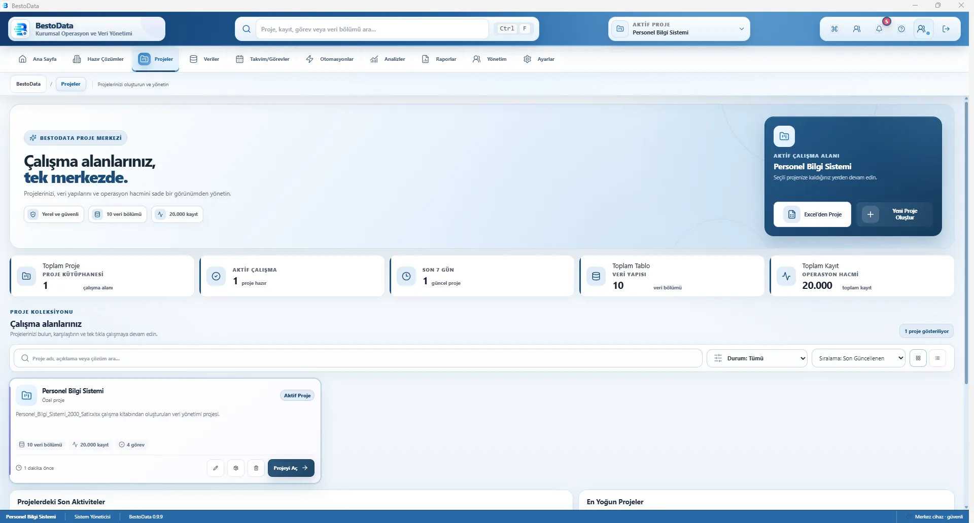 BestoData proje merkezi ve Excel'den proje oluşturma