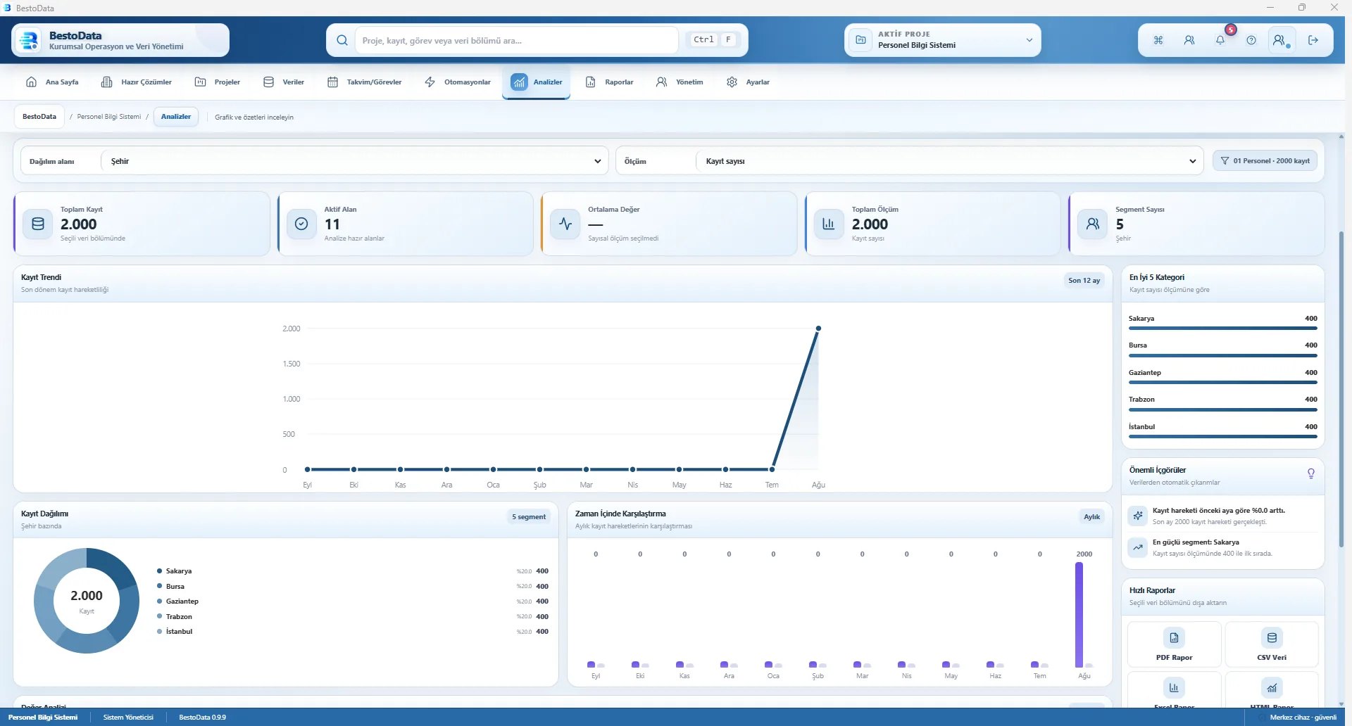 BestoData KPI, trend, dağılım ve segment analizleri